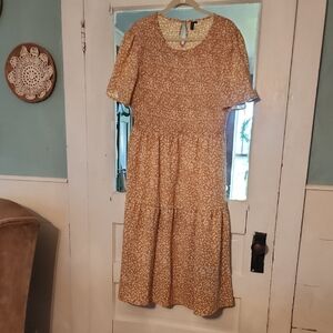 Elegant Tan Floral Midi Dress